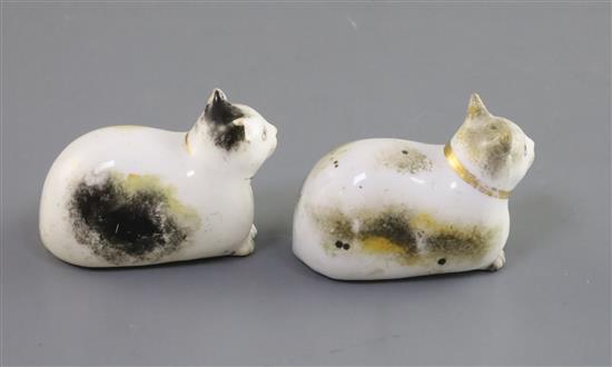 Two Derby porcelain figures of recumbent cats, c.1830, L. 6cm, one with hairline cracks